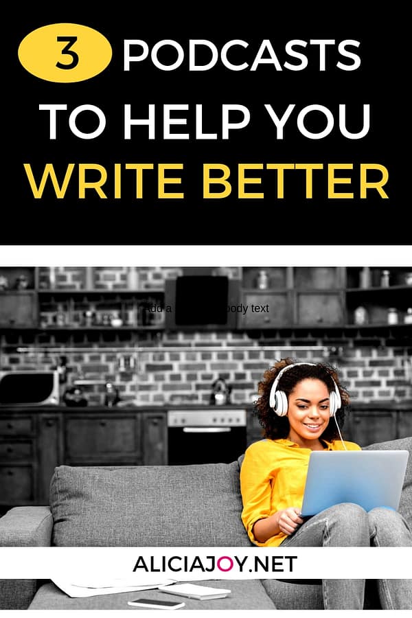 image of person sitting on couch with laptop with text box above image that reads: 3 Podcasts to Help You Write Better Content