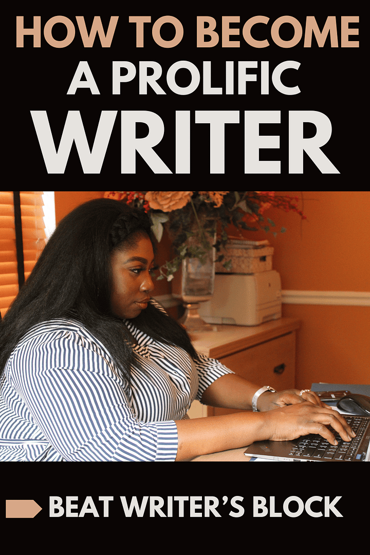 image of person typing on computer with text box surrounding how to become a prolific writer beat writer's block aliciajoy.net